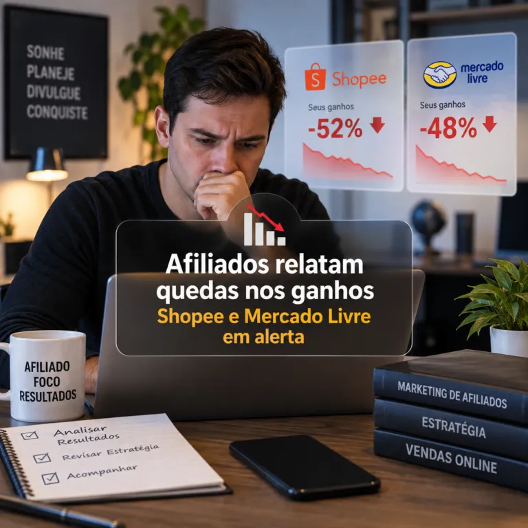 afiliados relatam queda de mais de 50% nos ganhos mesmo com cliques estáveis na shopee e mercado livre