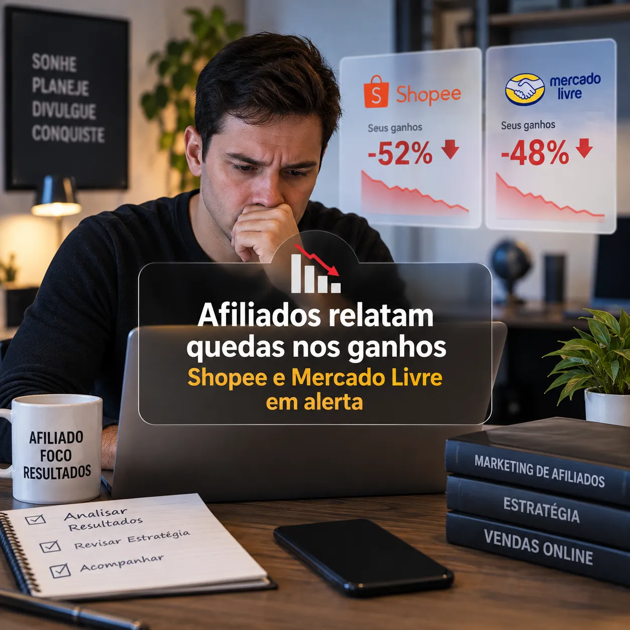 afiliados relatam queda de mais de 50% nos ganhos mesmo com cliques estáveis na shopee e mercado livre