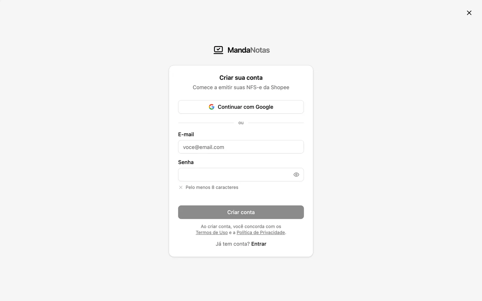 Tela Criar sua conta do app MandaNotas, com o botão Continuar com Google e os campos E-mail e Senha
