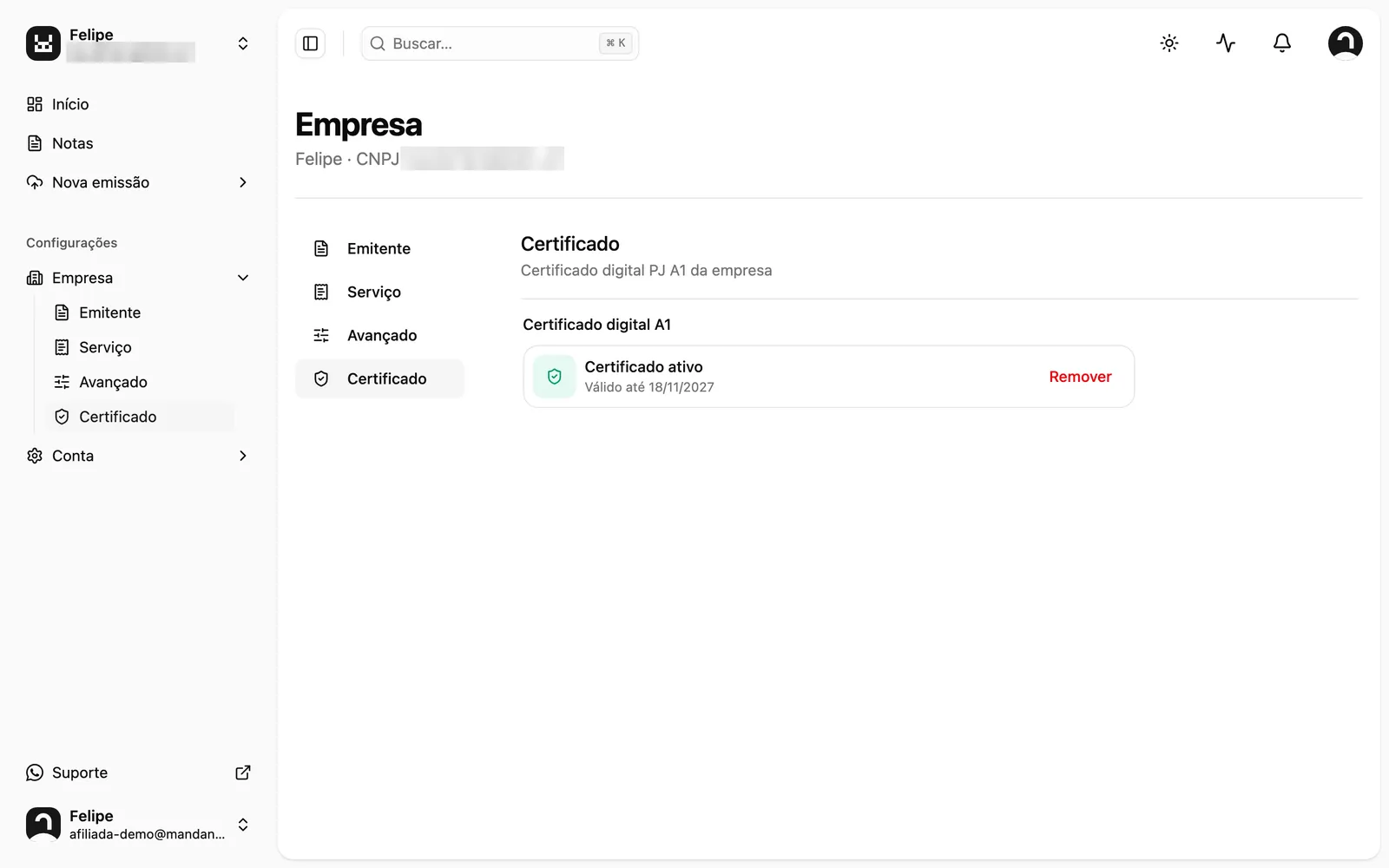 Tela Empresa › Certificado do MandaNotas com o certificado digital A1 ativo e a data de validade