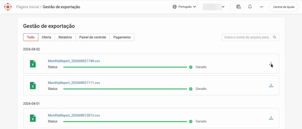 Tela Gestão de exportação da Central do Afiliado da Shopee com arquivos MonthlyReport em .csv gerados e o botão de download
