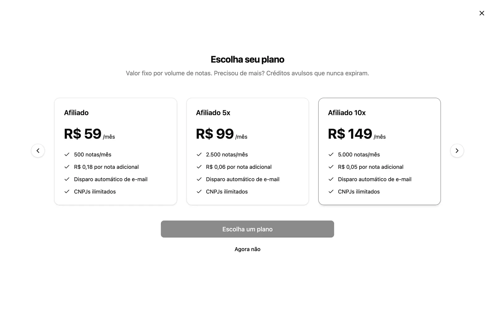 Tela Escolha seu plano do MandaNotas com os planos mensais e a quantidade de notas inclusas em cada um