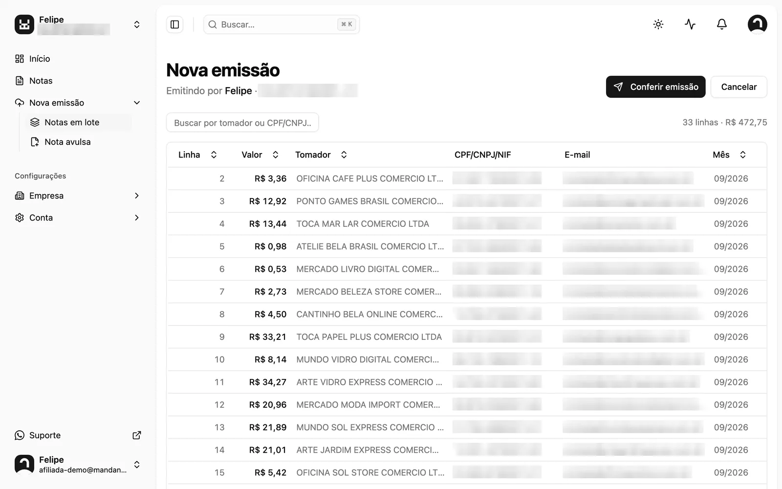Conferência do Relatório Mensal no MandaNotas, com uma linha por vendedor e as colunas Valor, Tomador, CPF/CNPJ/NIF, E-mail e Mês
