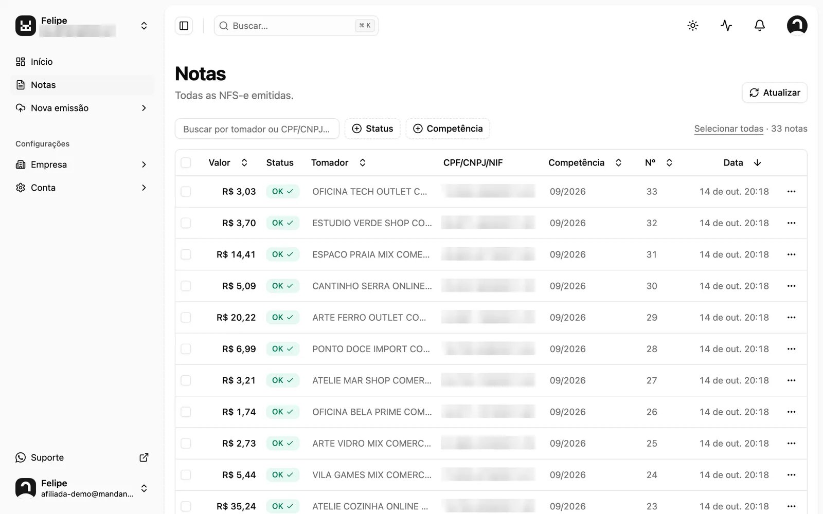 Tela Notas do MandaNotas com as NFS-e do lote, o número e o status de cada nota
