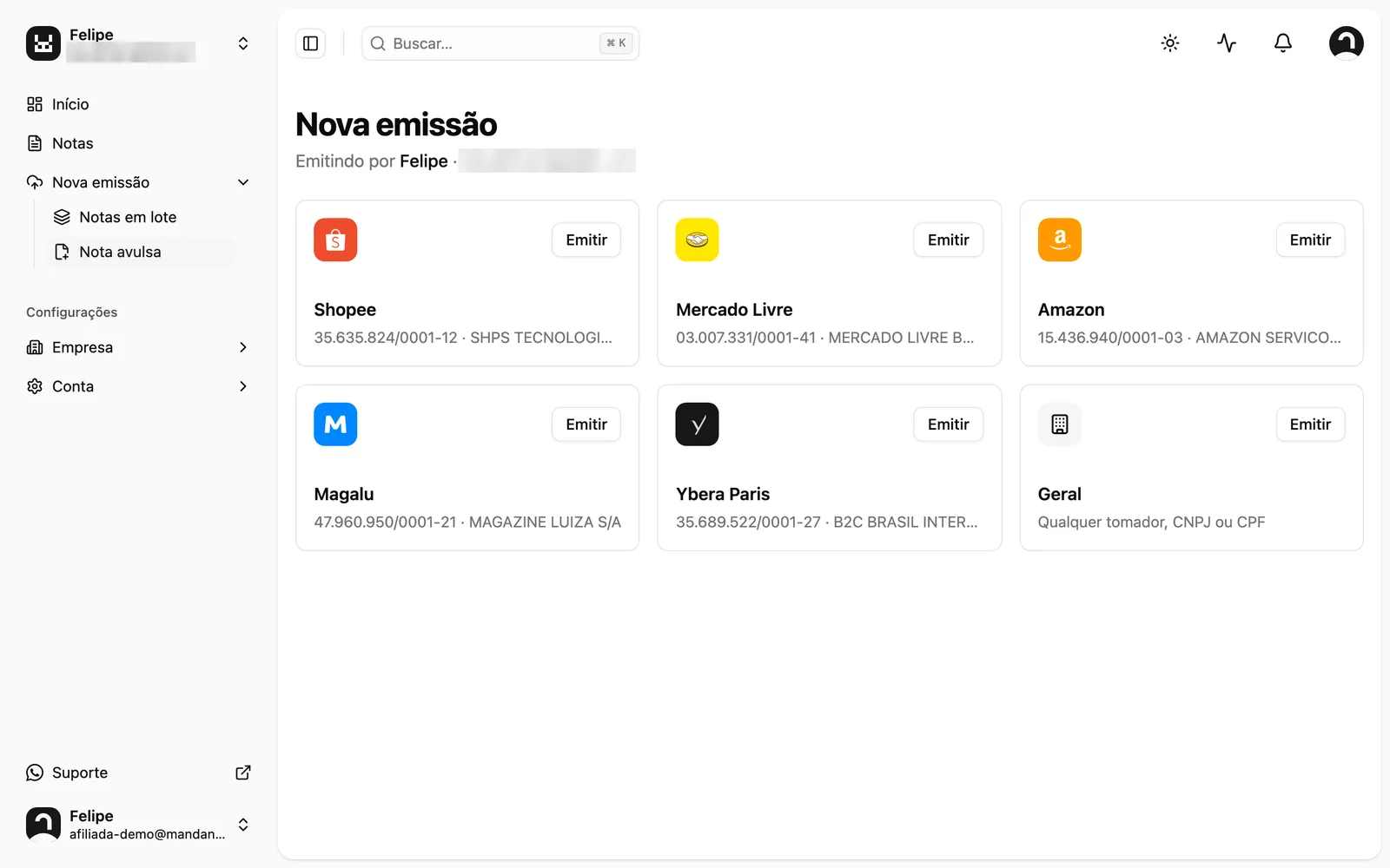 Tela Nova emissão › Nota avulsa do MandaNotas com os cards Shopee, Mercado Livre, Amazon, Magalu, Ybera Paris e Geral