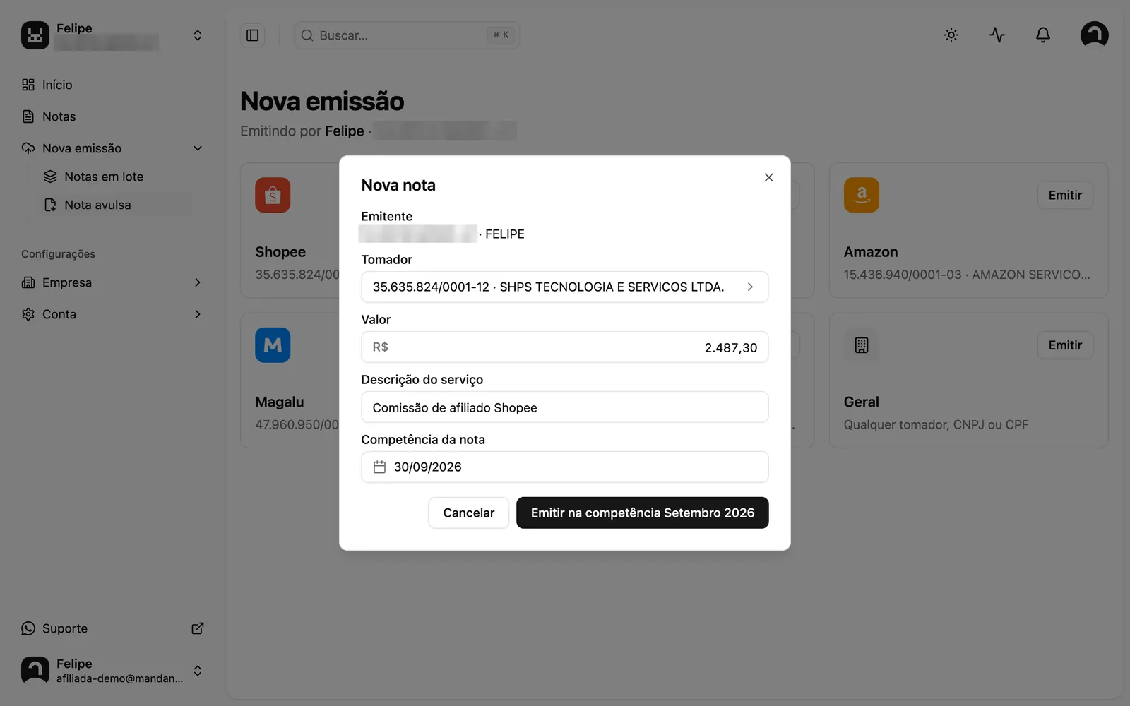 Janela Nova nota do MandaNotas com a SHPS preenchida como tomador e os campos Valor, Descrição do serviço e Competência da nota